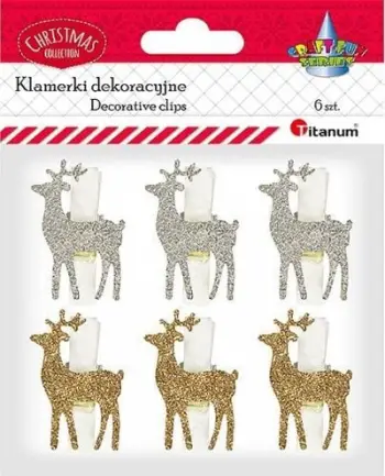 Kapëse dekorative Titanum Reindeer, dru, set 6 copë, të bardha ari dhe argjendi