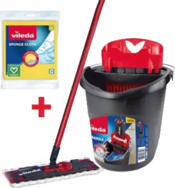 Set pastrimi Vileda Ultramax Box+, leckë mikrofibër, kove me shtrydhës, i kuq e zi