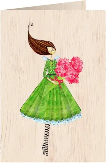 Kartolinë druri Cozywood Wooden Card C6, me zarf, grua me lule, rozë