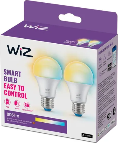 Llambë inteligjente WiZ A60, 60W ekuivalent, E27, dritë e bardhë, set 2 copë - 2