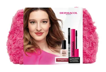 Set për femra Dermacol Bombastick, maskarë, 12.5 ml + penel për sy, 1ml + trajtues thonjsh, 11 ml + buzëkuq Hyaluron Hysteria 10 + çantë kozmetike