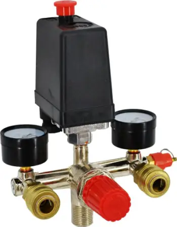 Regullator presioni për kompresor AWTools AW10210, me manifold, për depozitë 24L dhe 50L, i zi