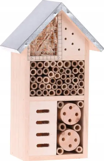 Hotel druri për insekte dhe bletë, i varur, me çati metalike, natyral