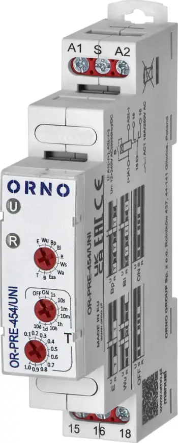 Relé kohe Orno OR-PRE-454/UNI, 10 funksione, 12 240V AC/DC, montim në shinë DIN