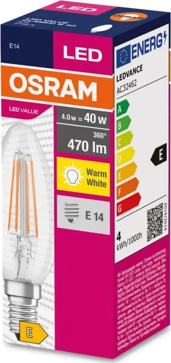Llambë LED Ledvance LED Bulb E14 VALUE CL B FIL 40, 4W, 2700K, e tejdukshme