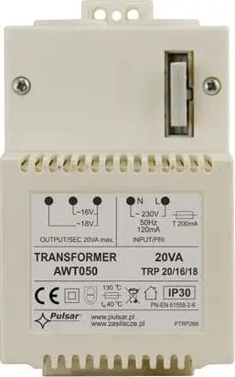 Transformator PULSAR AWT050, 230V AC në 16V 18V AC, 20VA, i bardhë