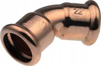 Nyje këndore bakri 45°, 15mm, me shtypje, me vulë EPDM