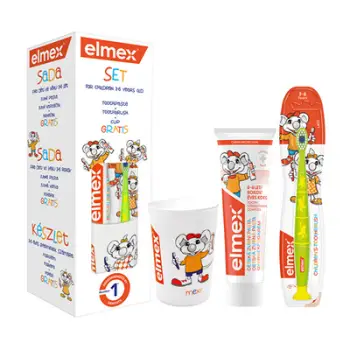 Set për kujdesin dentar të fëmijëve Elmex, pastë dhëmbësh, 50 ml + furçë dhëmbësh + gotë