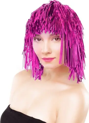 Parukë karnavalesh Pink Foil Shiny, madhësi unike, rozë metalike