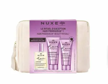Set për kujdesin ndaj flokëve Nuxe Hair Prodigieux Kits, shampo 50 ml + balsam 50 ml + maskë para shampos 30 ml + çantë kozmetike