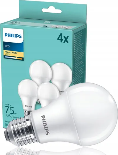 Llambë LED Philips A60 E27, 10W 2700K, set 4 copë, e bardhë mat - 2