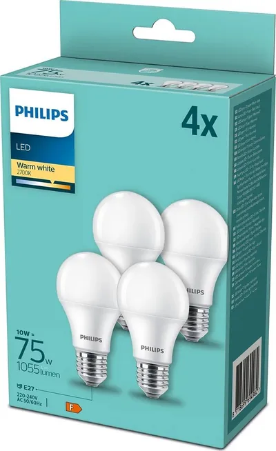 Llambë LED Philips A60 E27, 10W 2700K, set 4 copë, e bardhë mat - 4