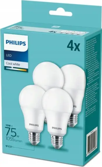 Llambë LED Philips A60 E27, 10W 2700K, set 4 copë, e bardhë mat