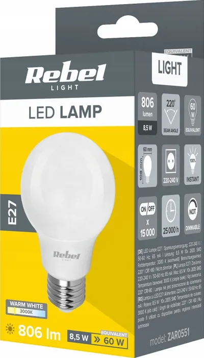Llambë LED Rebel A60, 8.5W, 3000K E27, e bardhë e ngrohtë - 2