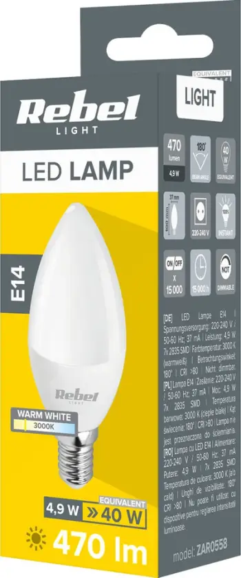 Llambë LED Rebel E14, 4.9W, 470lm 3000K, e ngrohtë