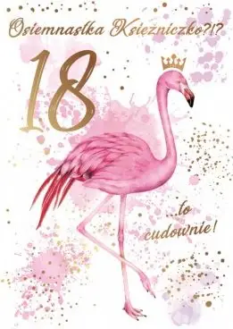 Kartolinë urimi Kukartka B6 Birthday 18 Flamingos PR-099, dizajn me flamingo, shumëngjyrëshe