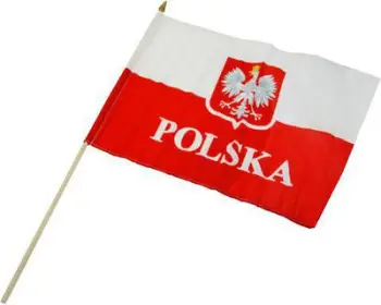 Flamur Polonia me stemë, 30x40 cm, dorezë druri, i kuq e i bardhë