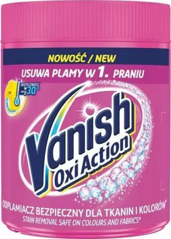 Pluhur heqës njollash Vanish Oxi Advance, 470g, për rroba të bardha dhe me ngjyra, rozë