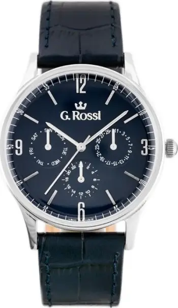 Ora burrash G. Rossi 10737A 6F1, mekanizëm kuarc, rrip lëkure, blu argjend