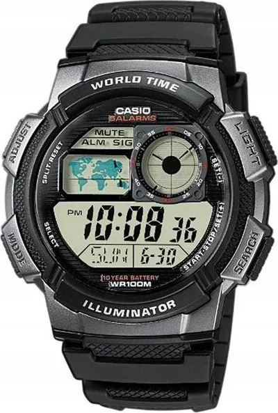 Ora digjitale Casio AE1000W 1B World Time, rezistente 100m, me ndriçim LED, e zezë - 1