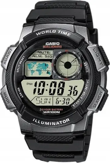 Ora digjitale Casio AE1000W 1B World Time, rezistente 100m, me ndriçim LED, e zezë
