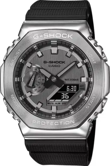 Ora dore Casio G-Shock GM-2100-1AER, bezel çeliku, rezistente ndaj ujit 200m, e zezë