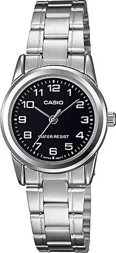 Ora dore Casio LTP-V001D-1B për femra, analog, metal, argjendi me fushë të zezë