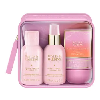 Set për trup Baylis & Harding Jojoba, Vanilla & Almond Oil, xhel dushi 100 ml + sprej trupi 75 ml + gjalp trupi 50 ml + sapun i ngurtë 50 g