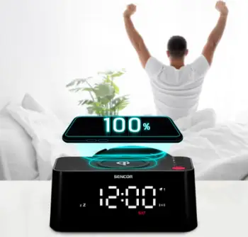 Orë alarmi digjitale Sencor, karikues wireless 10W, USB, e zezë