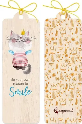 Shenjë libri Cozywood Cat, prej druri, dizajn mace, ngjyrë natyrale