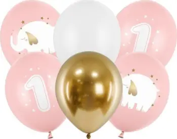 Balona latex PartyDeco, ditëlindja e parë, set 6 copë, 30cm, baby pink dhe të bardha