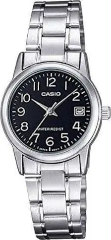 Orë dore Casio LTP-V002D-1BUDF për femra, çelik inox, e argjendtë me ekran të zi