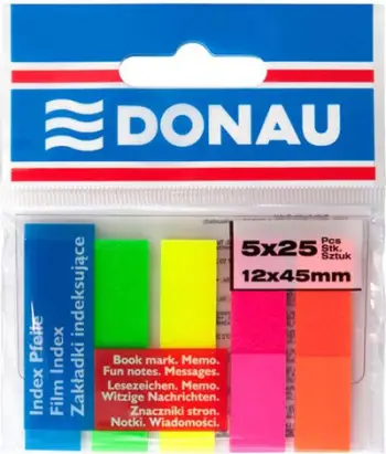 Fletëza indeksimi Donau Index Tabs 45x12mm, 25 fletëza, 5 ngjyra neon transparente