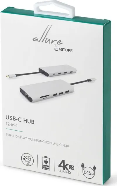 Docking station eStuff USB C 12in1 ES623009, 2x HDMI, PD 100W, gri - 1