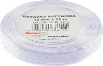 Shirit dekorativ BREWIS Satin Ribbon Dots WSK 12-1, 12mm, 22m, i bardhë me pika argjendi