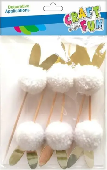 Pompom dekorativ në shkop Craft with Fun CF, set 6 copë, të bardha