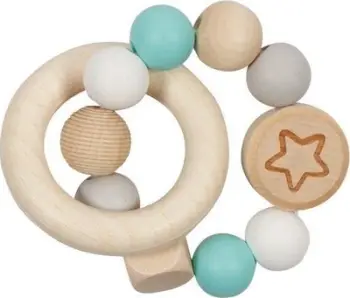 Rrathë kafshimi Goki Teether Rattle Star, dru dhe silikon, formë ylli, turkeze