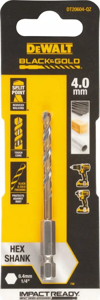 Spiralë stërvitjeje DeWalt Black and Gold, HSS, 4mm, shank hex 1/4"