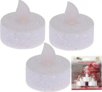 Set qirinj LED dekorativë, Tea Light, 3 copë, me shkëlqim glitter, të bardhë