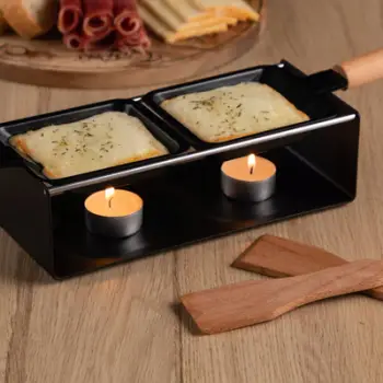 Set raclette Maku, 2 tiganë, metal dhe dru ahu, i zi