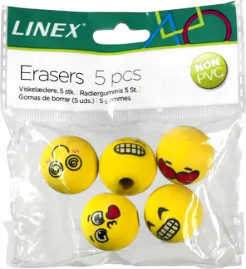 Gome lapsi LINEX EMOJI, set 5 copë, për majë lapsi, e verdhë