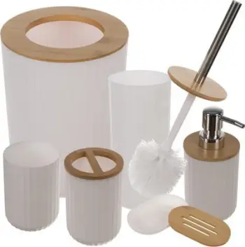 Set aksesorë banjoje Ruhhy 24635, 6 pjesë, plastikë dhe bambu, i bardhë