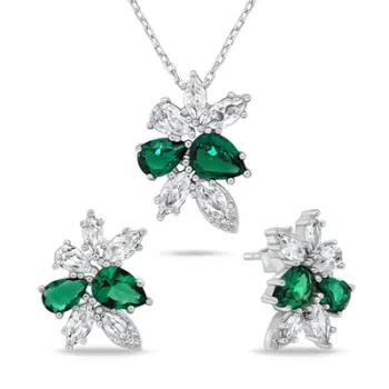 Set aksesorë për femra Brilio Silver sBS3558 Qafore + Vathë, të gjelbër