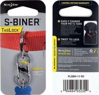 Karabinë për medalion kafshe NiteIze S-Biner TagLock 2, çelik inox, argjendtë
