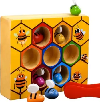 Lodër druri edukative Kruzzel Honeycomb, lojë me bletë dhe piskatore, shumëngjyrëshe