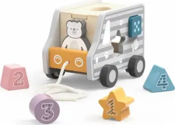 Lodër druri tërheqëse Viga Toys Pull Along Car, me rrotëza, edukative, shumëngjyrëshe