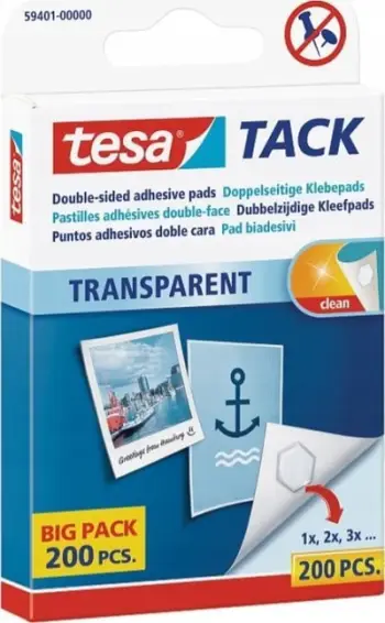 Jastëkë ngjitës dyanësorë Tesa 59401 Tack, transparentë, paketë 200 copë