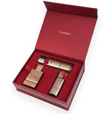 Set Al Haramain Amber Oud Ruby Edition, EDP, 75 ml + EDP, 30 ml + sprej aromatik për trup, 250 ml