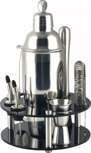 Set bartendër për kokteje, 9 pjesë, me qëndrim akrilik, inox, ngjyrë argjendi