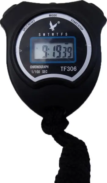 Kronometër sportiv elektronik, digjital, me alarm, i zi